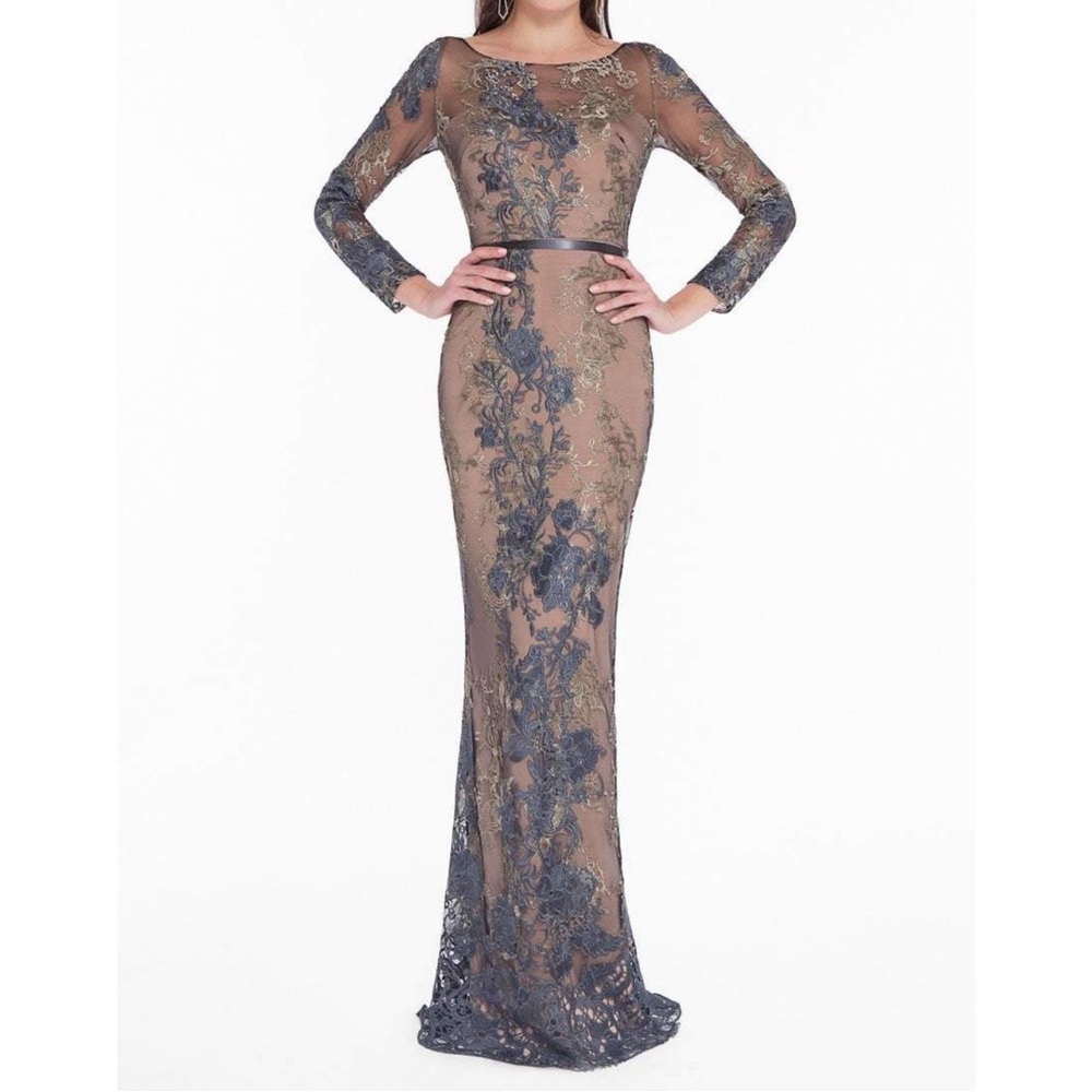 Terani Couture Blue and Gold Lace Maxi Dress